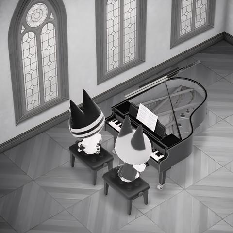Black and white Animal Crossing: New Horizons screenshot. Image shows Ankha facing away from the camera and Raymond sitting and playing a black, grand piano in a large room with big windows and wooden flooring.