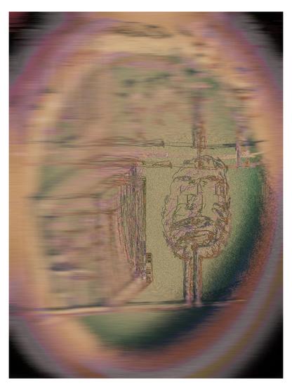 Das Bild zeigt eine verschwommene, abstrakte Darstellung, die an ein Kunstwerk erinnert. Im Zentrum befindet sich ein schemenhaftes Gesicht, das von einer Art Kreis umgeben ist, der sich in verschiedenen Farben wie Rosa, Gelb und Grün verliert. Der Hintergrund ist unscharf und weist eine Mischung aus grünen und braunen Tönen auf, die an eine Landschaft erinnern könnten. Die Umrisse des Gesichts sind durch eine Art Linienstruktur dargestellt, die es schwierig macht, die Gesichtszüge klar zu erkennen. Die gesamte Komposition wirkt wie ein abstraktes Kunstwerk, das durch eine Art Glaseffekt verzerrt erscheint.