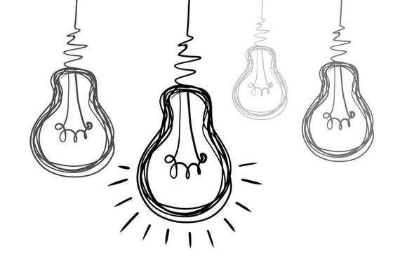 The image features four light bulbs drawn in a sketchy, line-art style. The bulbs are hanging from wires, with the central bulb being the most prominent and detailed. This bulb is depicted with a glowing effect, indicated by radiating lines around it, suggesting it is illuminated. The filaments inside the bulb are clearly visible, with a spiral shape. The other three bulbs are less detailed, with the central one being the most defined and the others becoming progressively less detailed towards the right. The bulbs are outlined in black, with varying line thicknesses, giving a sense of depth and dimension. The background is plain white, emphasizing the bulbs.

Provided by @altbot, generated privately and locally using Ovis2-8B