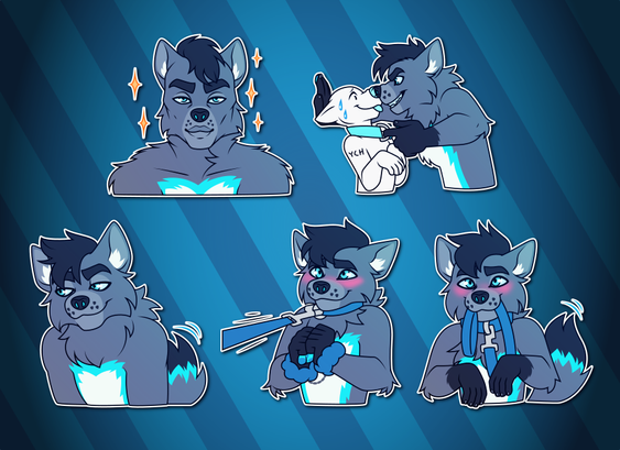 Telegram stickers of an anthro wolf. In them, he looks confidently toward the viewer, drawn as a comically attractive man surrounded by sparkles; backs another character up against a wall, pulling them closer by a collar; leans slightly to one side with a mischievous look on his face; blushes while wearing fuzzy handcuffs and a collar, connected to a leash which is being pulled; and blushes while holding his own leash in his mouth as if offering it