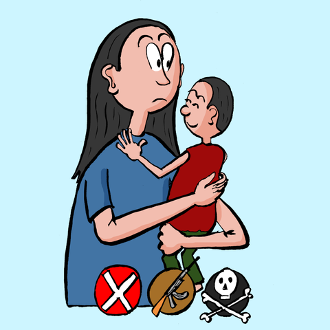 Panel 2: A woman carrying a child. Underneath, a red "X", a rifle gun, and a "skull and bones" symbol.