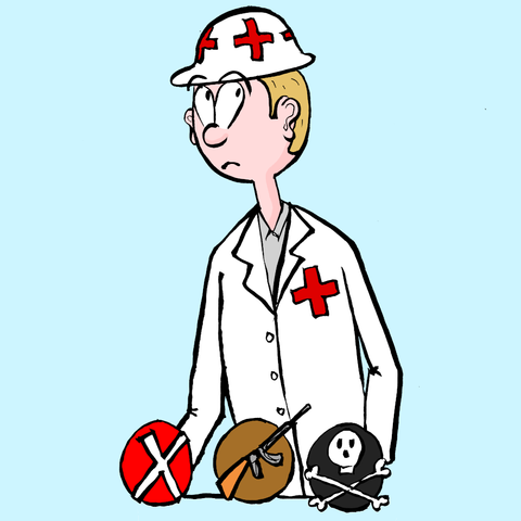 Panel 3: A man wearing a white coat and a helmet, both with a large red cross. Underneath, a red "X", a rifle gun, and a "skull and bones" symbol.