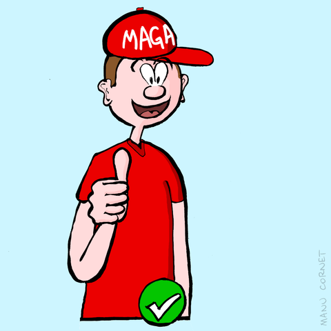 Panel 4: A man wearing a red MAGA hat, doing a thumbs up sign. Underneath, a green checkmark.