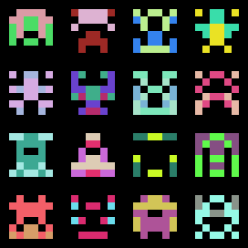 a 4x4 grid of multicolored 6x6 pixel aliens a la space invaders