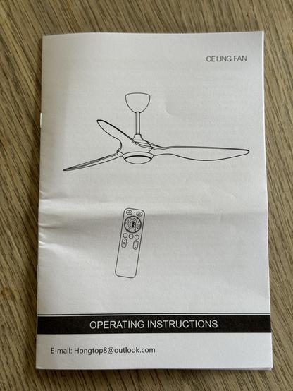 The instruction booklet for the fan. The support email is there at the bottom: Hongtop8 at outlook dot com.
