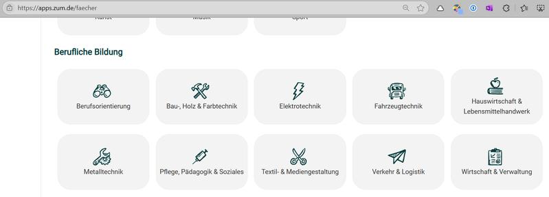 Screenshot von der Seite apps.zum/faecher mit dem Überblick der 10 neuen Beruflichen Fächer