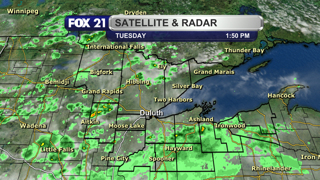 The satellite and radar over the Northland at 1:50 p.m. on Tuesday, May 27, 2025, shows scattered pop-up showers across the region.  A few spots near Aitkin and Ashland may be seeing heavier rainfall and a bit of thunder.