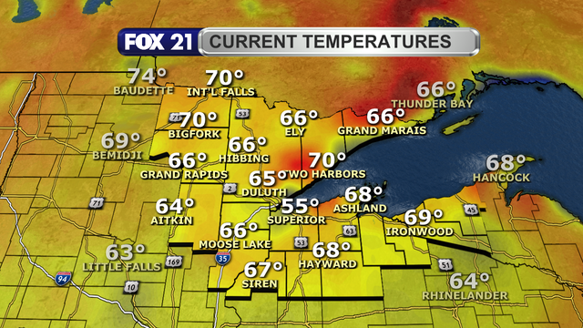 Temperatures in the Northland just after 1:30 p.m. on May 27, 2025, range from 55 to 70 degrees Fahrenheit.