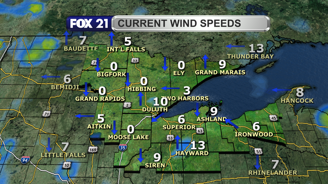 Wind speeds in the Northland just after 1:30 p.m. on May 27, 2025, range from calm to 13 mph.  Wind direction is variable with a lake breeze next to Lake Superior.