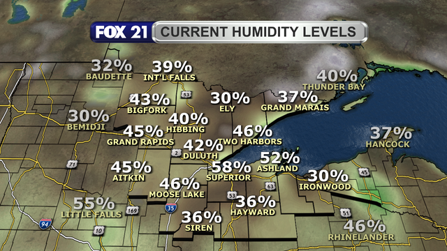 Relative humidity levels in the Northland just after 1:30 p.m. on May 27, 2025, range from 30 to 58 percent.