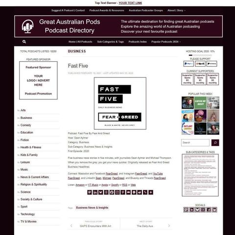 Fast Five By Fear And Greed 
Screenshot of the podcast listing on the Great Australian Pods website