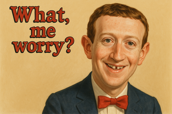 A painted MAD Magazine-style caricature of Mark Zuckerberg with pale freckled skin, a missing front tooth, large ears, and a goofy grin, next to bold red text saying “What, me worry?”.