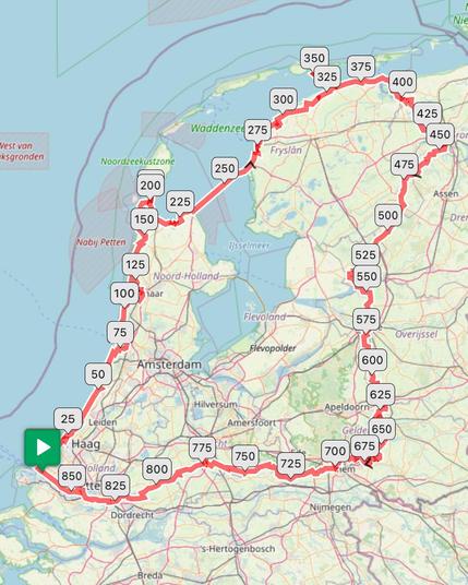 A map of the Netherlands. A clockwise route around the country is marked, starting at Hoek van Holland in the south-east. Distance markers at points along the route show a total of more than 850 km.