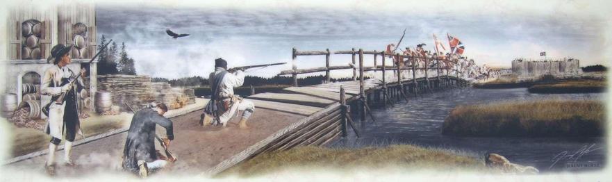 Painting depicting Billy Flora defending Great Bridge. On the left, near what looks like colonial buildings filled with barrels, are three American militia soldiers, two on one knee firing muskets at advancing British soldiers in the distance. Two of the militia men are African-American. The militia men are on a raised causeway leading to a simple wooden bridge — planks with pole railings — over a small waterway. British soldiers march over the far end of the bridge from a simple palisade wood stockade fort in the distance, with the British flag waving among their ranks.
