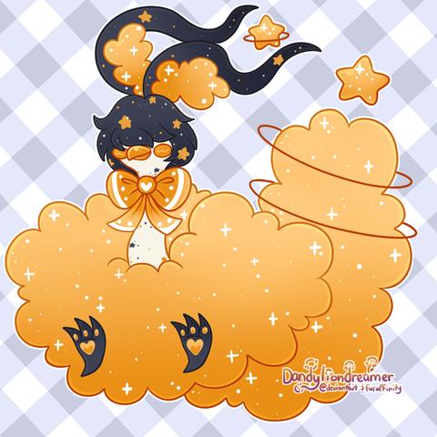 my oc star whisker, a space alien cat, redesigned to look like altaria from pokemon

their fluff is a orange with white star sparkles on it, a large tail with halo rings and stars on it, their head hair is black with their antennae also being black with orange tufts

shes wearing a orange bowtie