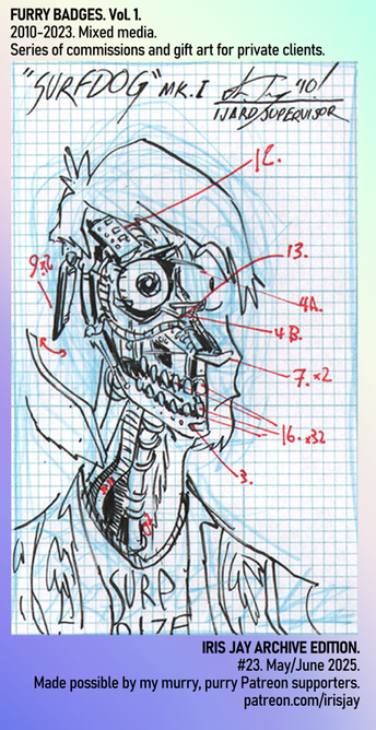 a detail from the front of my latest Archive Edition PDF, showing a badge I drew for myself from back when I had a dog fursona. the side of the dog's face is cut away, revealing a robotic skeleton, servos, tubing, and other mechanical parts. the badge is meant to evoke a technical schematic, like a blueprint.