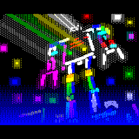 A boxy robot on a blue field stands, bones lit up neon against a black, colour-speckled sky, and emits beams of bright colourful light from its eyes and hips.  The artificial Care Bear Stare trials have begun!