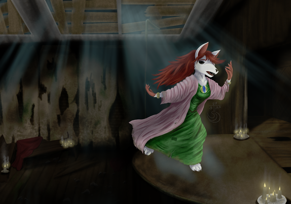 A white-furred canine with red hair dances alone in an abandoned music hall, while being bathed in soft moon and candlelight. Her eyes are blacked over, aimless. She wears an initially fancy looking green, velvety dress and a puffy pink coat, though both are somewhat dirty, rundown, and stitched back together.