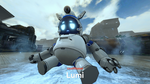 Splash screen for Lumi, a round teddy-bear-esque robot with rabbit-like ears framing an ice-making nozzle atop its head. It has fallen over on its own ice and displays an embarrassed expression on its face-screen.