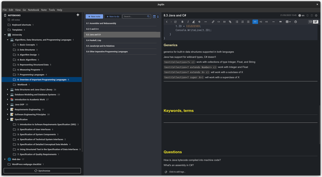 My Joplin config including bold font in sidebar, active formatting options indicated with blue in the editor, h1 and h2 headings changed to yellow, modified inline code formatting.
