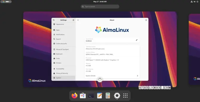 Screenshot of AlmaLinux OS 10 with the GNOME desktop environment showing the Settings app and the Activities Overview.