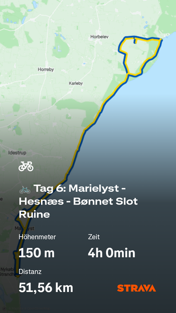 Sharepic aus der App Strava mit der heutigen Route. Wir sind 51,5km geradelt/gewandert, haben 150 Höhenmeter erklommen und dafür 4 Stunden gebraucht.