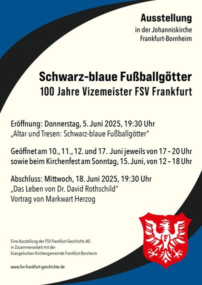 Flyer in hell gelb mit schwarz blauem Rahmen mit den Daten zur Ausstellung mit Öffnungszeiten