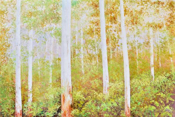 Painting of a gum tree forest in warm autumn tones of green and gold. The tall trunks of the trees are white and there are bright green ferns on the forest floor.