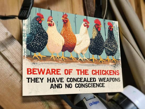 A sign warning that the chickens have concealed weapons.