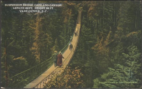 Printed colour postcard showing a view of the suspension bridge at Capilano Canyon near Vancouver in British Columbia, Canada.

Published by The Coast Publishing Co, Vancouver, No 107860, c.1905-10.

Postally unused.

Very good condition, with very slight corner bumps.