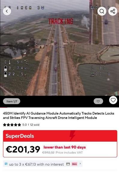 An ad for "450M Identify AI guidance module automatically tracks detects locks and strikes fpv traversing aircraft drone intelligent module". It shows playing a video where some drone is following a car from far above, it says "TRACKING"