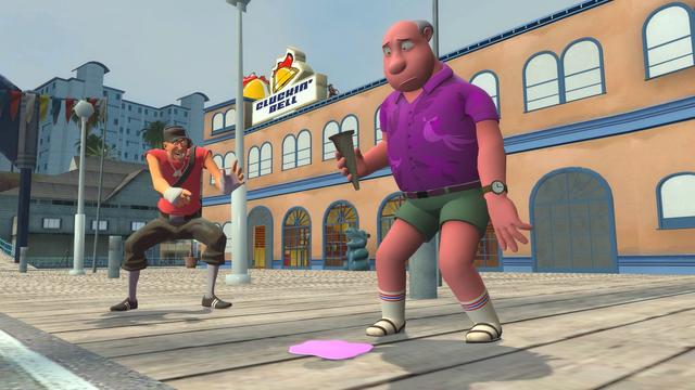 Scout laughs at the poor tourist who had their ice cream fall off the cone and melt. Unbeknown to Scout, there is an opposing Sniper ready to unalive him.