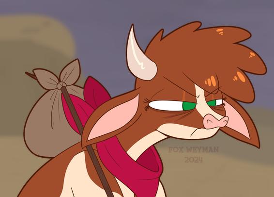 Arizona from Them's Fightin' Herds looks tired and unamused as she has a stick with a bag on her shoulder