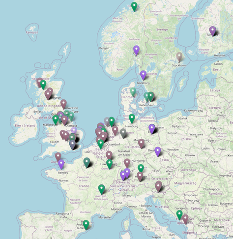 So many tasty pins in this map! Tastiest are the green (vegan) and purple (vegetarian). Some pins are faded, indicating establishments that are closed.