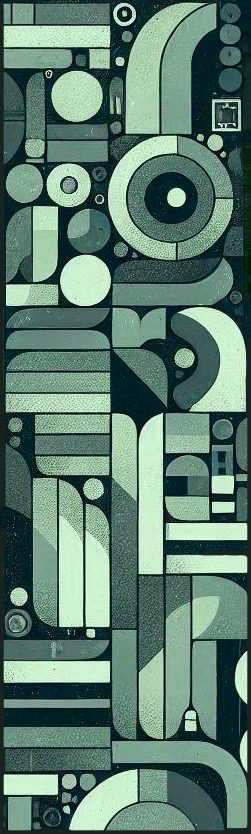 Vertically-oriented composition featuring a series of stylized, geometric forms in varying shades of muted green, grays and blues. The shapes are arranged in a dense, block-like configuration on a black background. Visual primitives include circles, partial arcs, rectangles, and rounded rectangles, some with internal divisions. The composition is dense and compact,. The overall effect is of a constructed, almost architectural arrangement of semiotic elements.