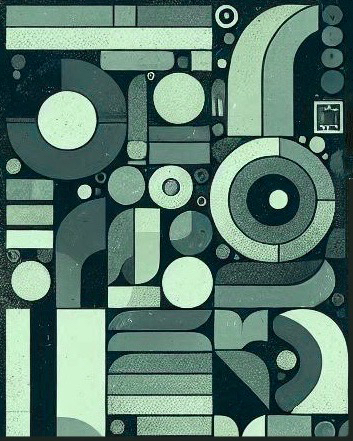Square composition featuring a series of stylized, geometric forms in varying shades of muted green, grays and blues. The shapes are arranged in a dense, block-like configuration on a black background. Visual primitives include circles, partial arcs, rectangles, and rounded rectangles, some with internal divisions. The composition is dense and compact,. The overall effect is of a constructed, almost architectural arrangement of semiotic elements.