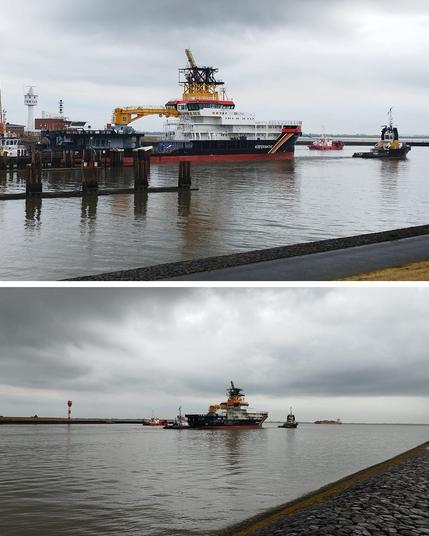 Kollage mit zwei Bildern: oben: seitlicher Blick auf den Schleppverband bei der Ausfahrt. unten: der Schleppverband ist in der Nordsee angekommen.