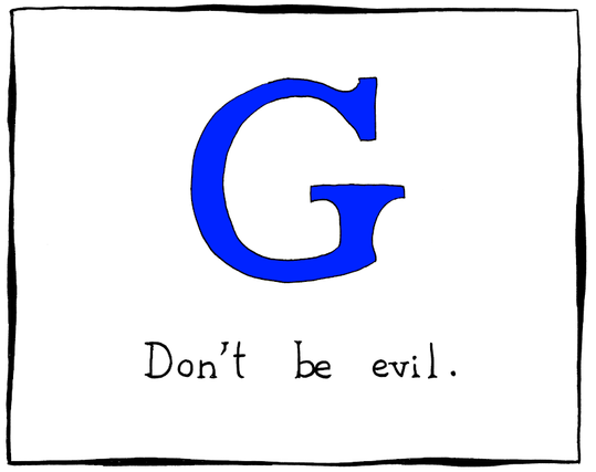 Panel 1: An old Google logo, a blue G and "Don't be evil".