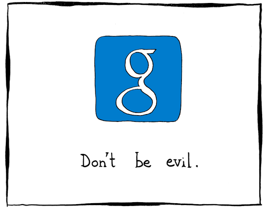 Panel 2: A slightly newer Google logo, a white "g" on a blue background and "Don't be evil".