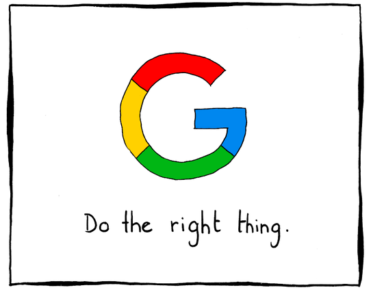 Panel 3: A recent Google logo, a multicolored G and "Do the right thing".