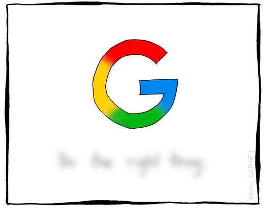 Panel 4: The newest Google logo, a multicolored G but with blurry color boundaries. The "Do the right thing" label is also blurred and unreadable.