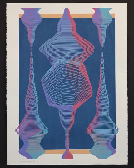 An abstract painting produced by a robotic pen plotter using a generative algorithm. Layered hexagonal forms of red, teal, and purple on top of a blue and tan background on white paper.