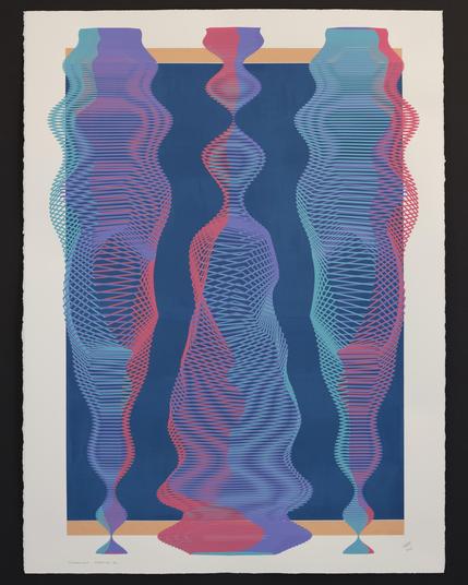 An abstract painting produced by a robotic pen plotter using a generative algorithm. Layered hexagonal forms of red, teal, and purple on top of a blue and tan background on white paper.