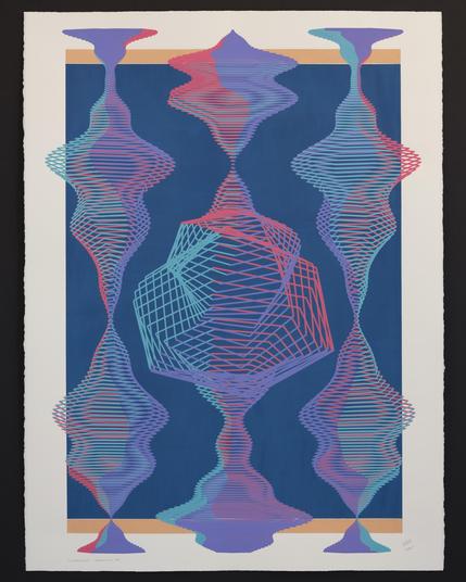 An abstract painting produced by a robotic pen plotter using a generative algorithm. Layered hexagonal forms of red, teal, and purple on top of a blue and tan background on white paper.