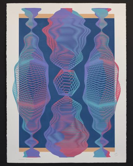 An abstract painting produced by a robotic pen plotter using a generative algorithm. Layered hexagonal forms of red, teal, and purple on top of a blue and tan background on white paper.