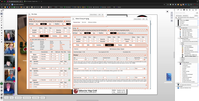 A screenshot of a Chrome window running Roll20 on a widescreen monitor. The left hand side has a column of player videos, and the right hand side has the journal open showing adventure material. The middle has two open character sheets - Pen Gate (a spacer) and Gilbert Chang (a Scout). An safety tools deck nestles at the bottom right of the screen.
