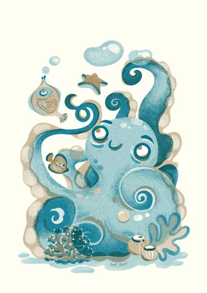 Illustration en 2 couleurs d'un petit poulpe bleu en compagnie d'un petit poisson et d'une étoile de mer.