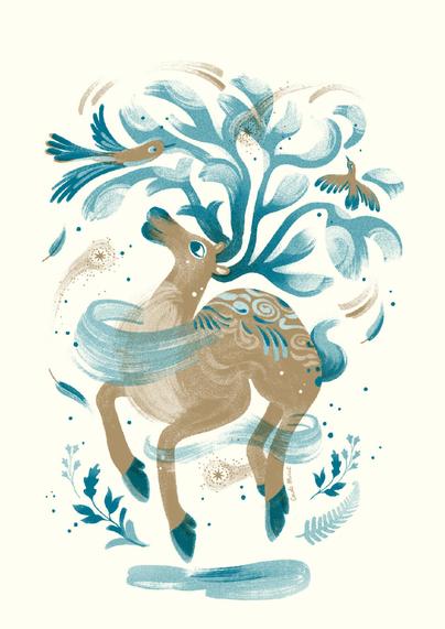 Illustration d'un renne en compagnie de 2 oiseaux.