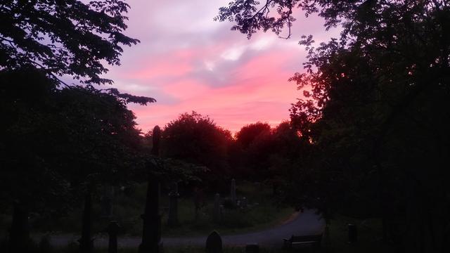 Foreground of trees and old gravestones in darkness, above clouds lit pink, red and a little blue from the vanished sun
