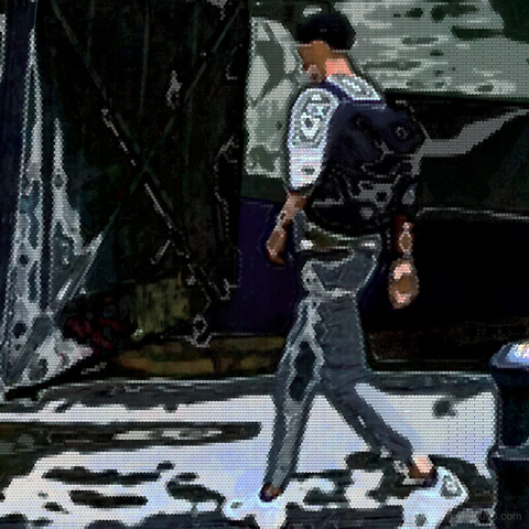 Barcelona digital edited street photography, made with the GNU Image Manipulation Program + Corvo's Painting 5 + Grid BW Color (G'MIC-Qt).